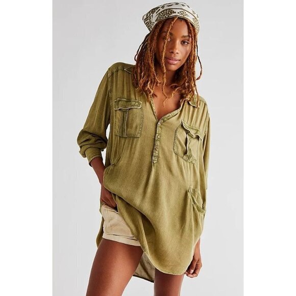 Free People Olive Green Sylas Tunic Top Blouse Size M NWT Button Henley - Picture 1 of 4